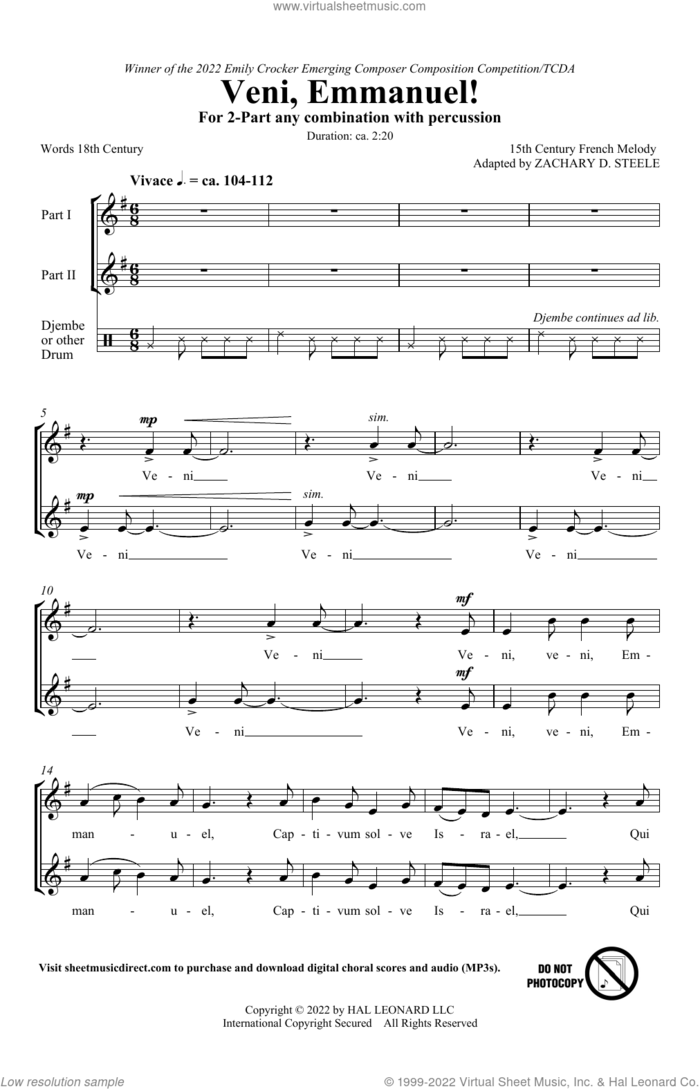 Veni, Emmanuel! (arr. Zachary Steele) sheet music for choir (2-Part) by Anonymous, Zachary Steele, 15th Century French Melody and 18th century Latin text, intermediate duet