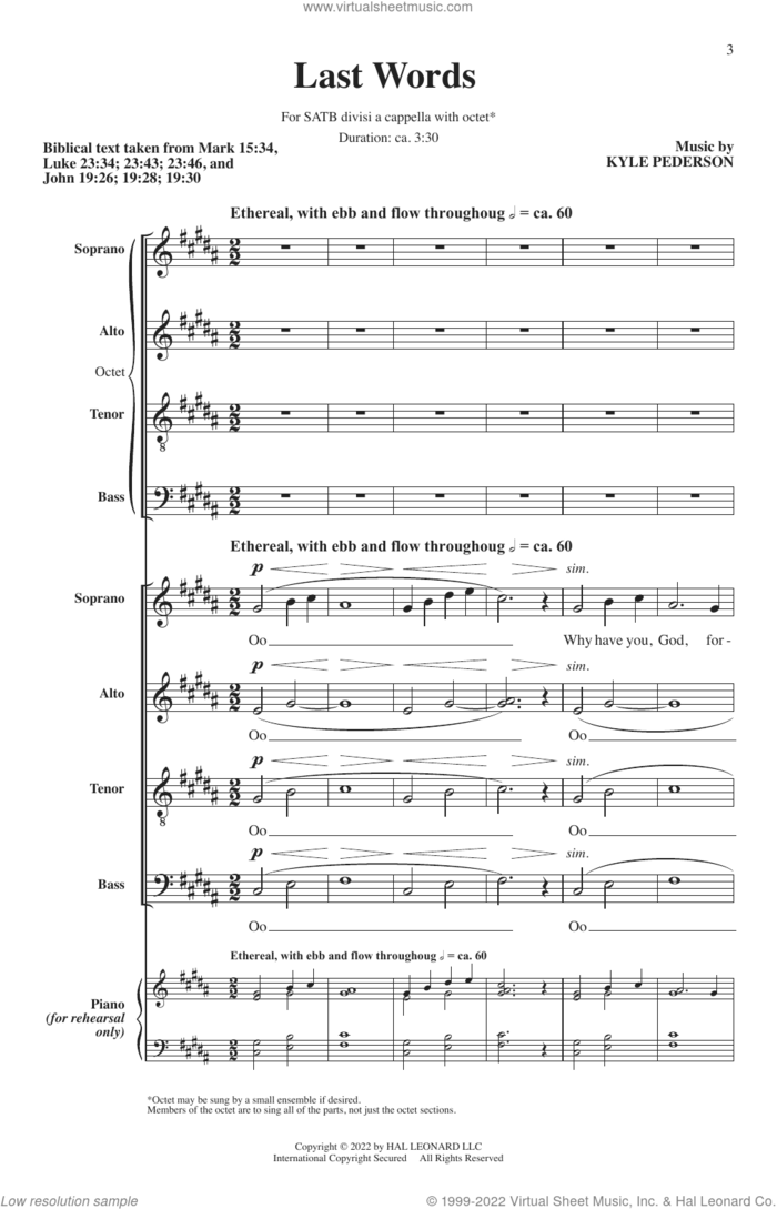Last Words sheet music for choir (SATB: soprano, alto, tenor, bass) by Kyle Pederson and The Bible, intermediate skill level