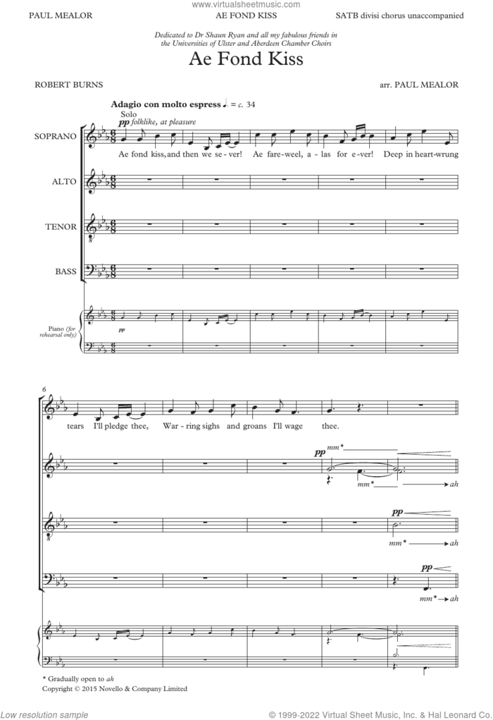 Ae Fond Kiss (arr. Paul Mealor) sheet music for choir (SATB: soprano, alto, tenor, bass) by Robert Burns, Paul Mealor and Miscellaneous, classical score, intermediate skill level
