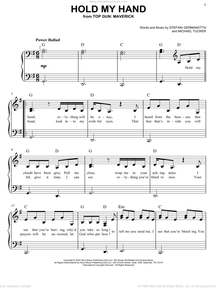 Hold My Hand (from Top Gun: Maverick), (easy) sheet music for piano solo by Lady Gaga and Michael Tucker p/k/a BloodPop, easy skill level