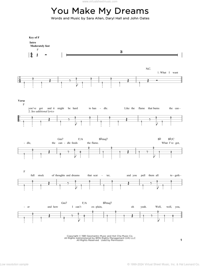 You Make My Dreams sheet music for bass solo by Daryl Hall & John Oates, Daryl Hall, John Oates and Sara Allen, intermediate skill level