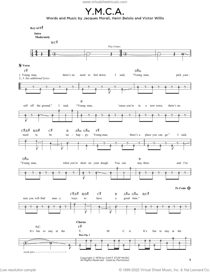 Y.M.C.A. sheet music for bass solo by Village People, Henri Belolo, Jacques Morali and Victor Willis, intermediate skill level