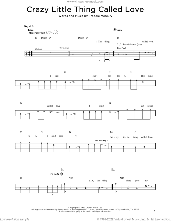 Crazy Little Thing Called Love sheet music for bass solo by Queen and Freddie Mercury, intermediate skill level