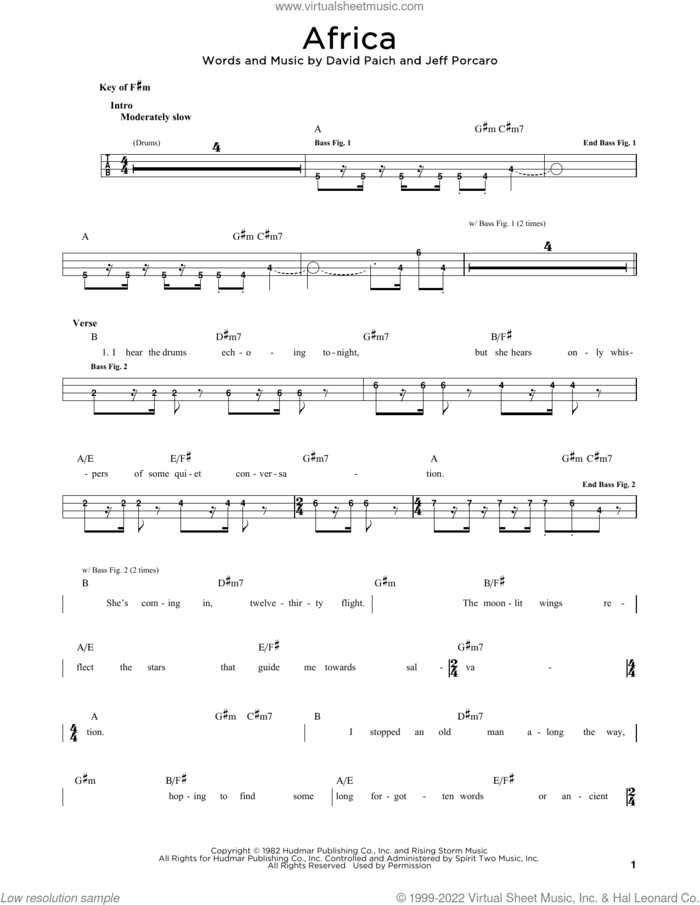 Africa sheet music for bass solo by Toto, David Paich and Jeff Porcaro, intermediate skill level