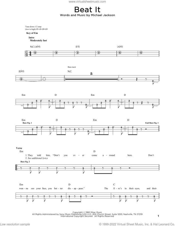 Beat It sheet music for bass solo by Michael Jackson, intermediate skill level