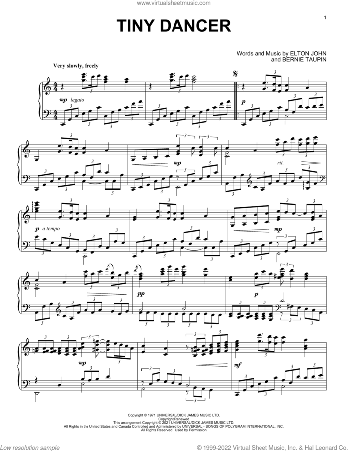 Tiny Dancer [Classical version] (arr. David Pearl) sheet music for piano solo by Elton John, David Pearl and Bernie Taupin, intermediate skill level