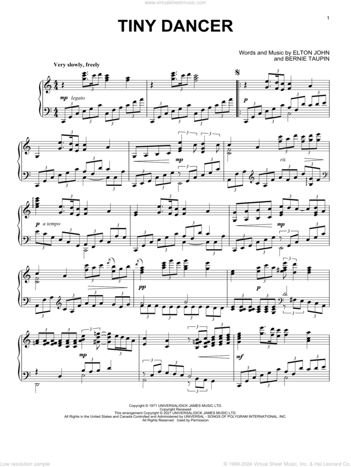 Tiny Dancer [Classical version] (arr. David Pearl) sheet music for piano solo by Elton John, David Pearl and Bernie Taupin, intermediate skill level