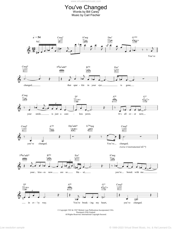 You've Changed sheet music for voice and other instruments (fake book) by Eva Cassidy, intermediate skill level