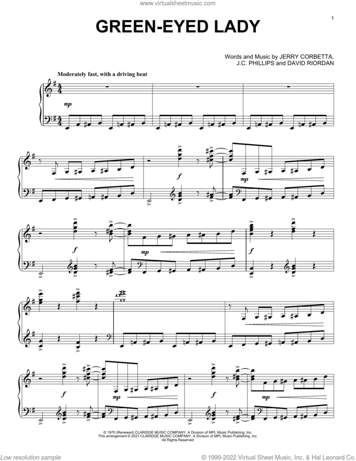 Green-Eyed Lady [Classical version] (arr. David Pearl) sheet music for piano solo by Sugarloaf, David Pearl, David Riordan, J.C. Phillips and Jerry Corbetta, intermediate skill level