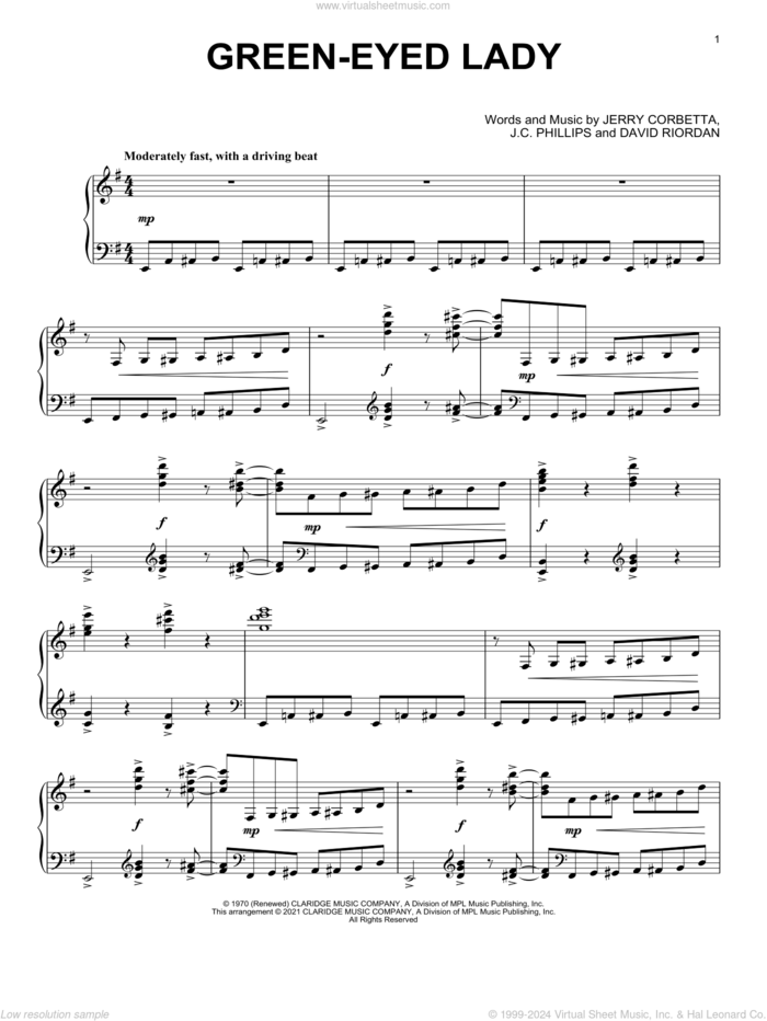 Green-Eyed Lady [Classical version] (arr. David Pearl) sheet music for piano solo by Sugarloaf, David Pearl, David Riordan, J.C. Phillips and Jerry Corbetta, intermediate skill level