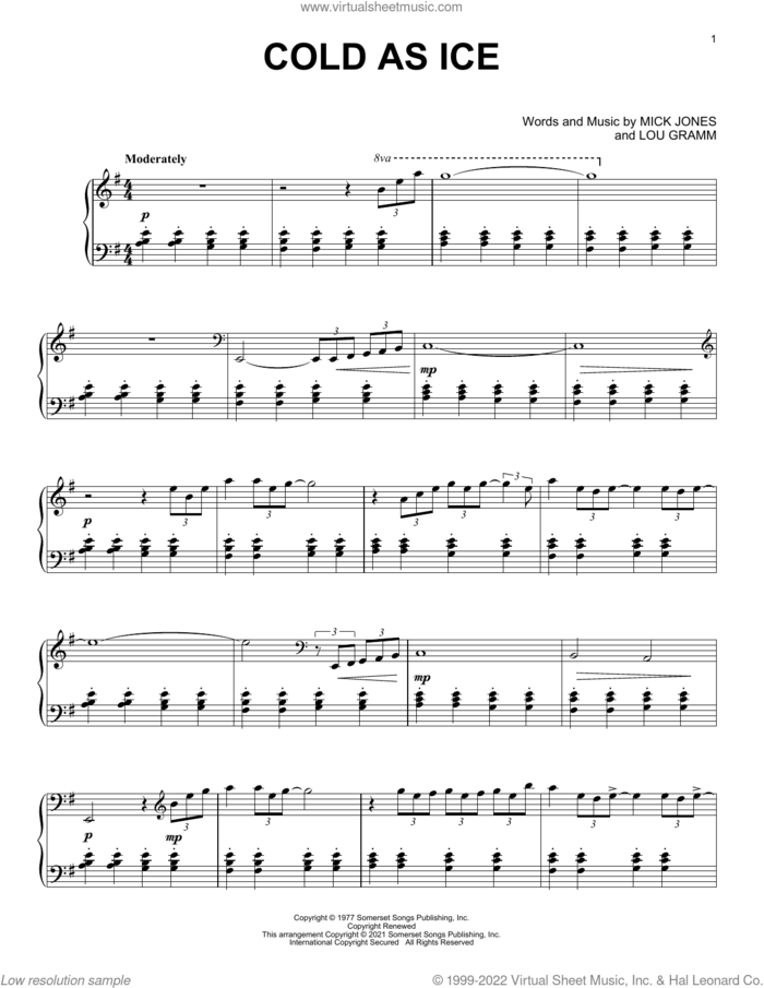 Cold As Ice [Classical version] (arr. David Pearl) sheet music for piano solo by Foreigner, David Pearl, Lou Gramm and Mick Jones, intermediate skill level