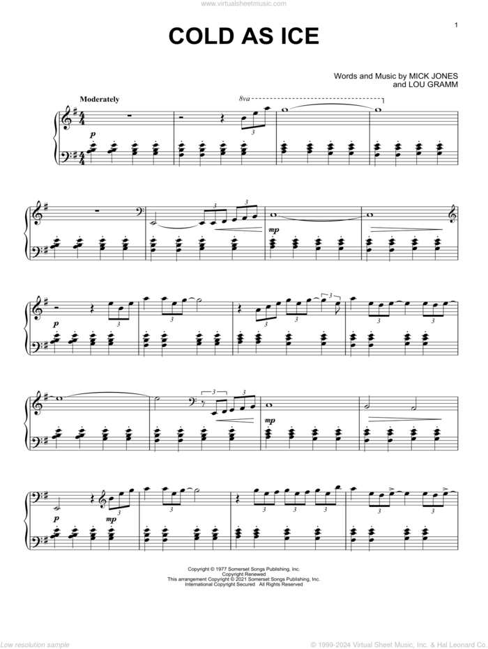 Cold As Ice [Classical version] (arr. David Pearl) sheet music for piano solo by Foreigner, David Pearl, Lou Gramm and Mick Jones, intermediate skill level