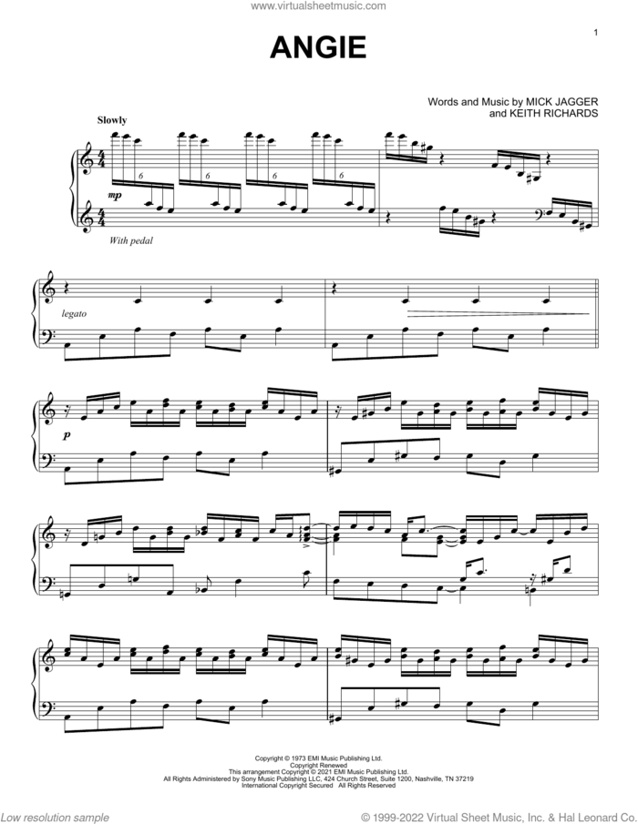 Angie [Classical version] (arr. David Pearl) sheet music for piano solo by The Rolling Stones, David Pearl, Keith Richards and Mick Jagger, intermediate skill level