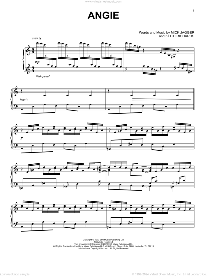 Angie [Classical version] (arr. David Pearl) sheet music for piano solo by The Rolling Stones, David Pearl, Keith Richards and Mick Jagger, intermediate skill level