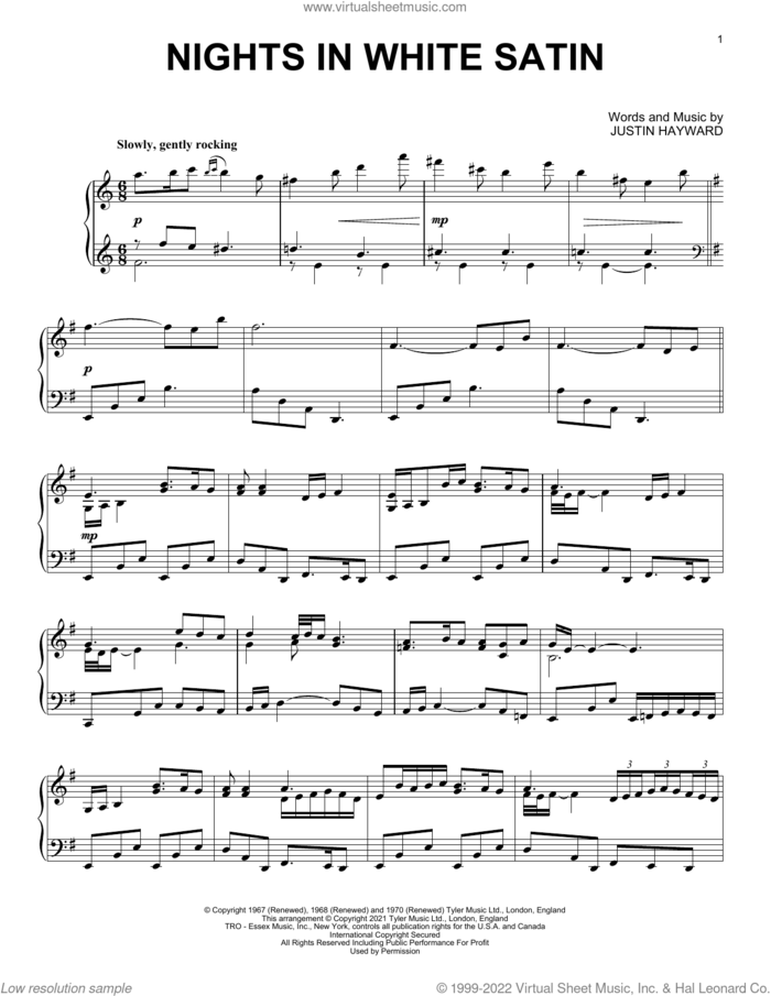 Nights In White Satin [Classical version] (arr. David Pearl) sheet music for piano solo by The Moody Blues, David Pearl and Justin Hayward, intermediate skill level