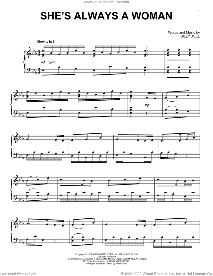 She's Always A Woman [Classical version] (arr. David Pearl) sheet music for piano solo by Billy Joel and David Pearl, intermediate skill level