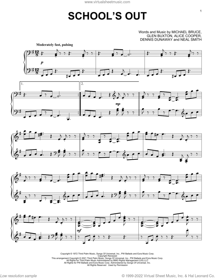 School's Out [Classical version] (arr. David Pearl) sheet music for piano solo by Alice Cooper, David Pearl, Dennis Dunaway, Glen Buxton, Michael Bruce and Neal Smith, intermediate skill level