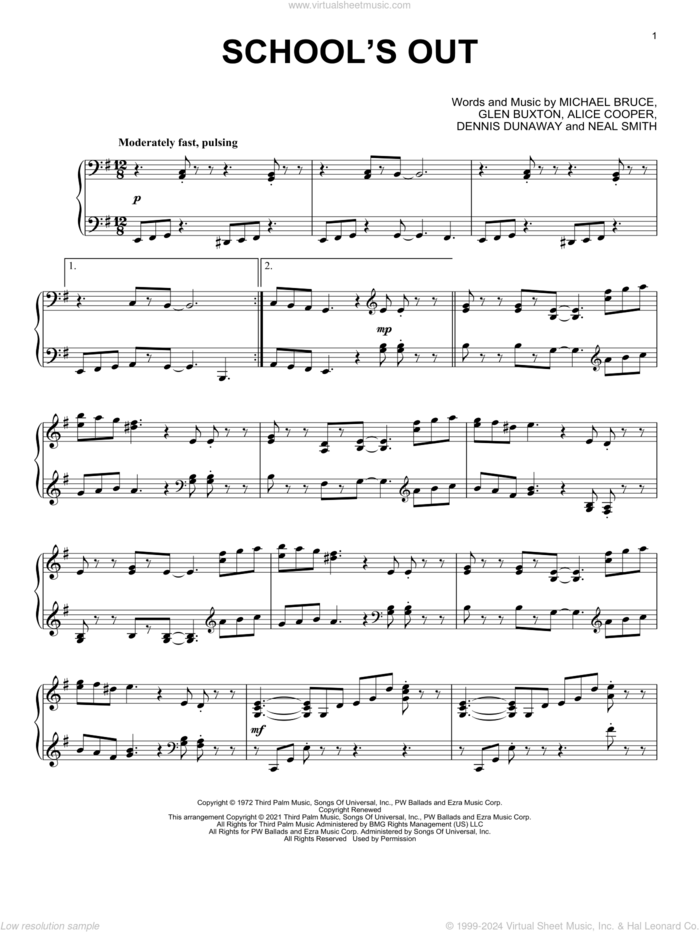 School's Out [Classical version] (arr. David Pearl) sheet music for piano solo by Alice Cooper, David Pearl, Dennis Dunaway, Glen Buxton, Michael Bruce and Neal Smith, intermediate skill level