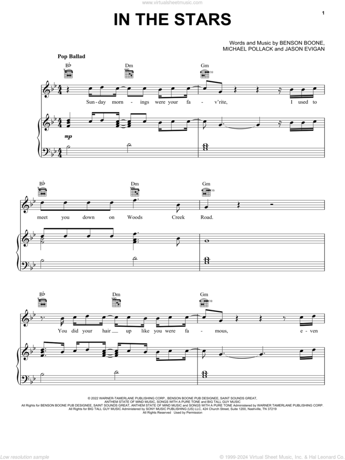 In The Stars sheet music for voice, piano or guitar by Benson Boone, Jason Evigan and Michael Pollack, intermediate skill level