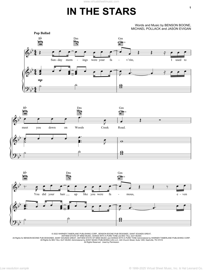 In The Stars sheet music for voice, piano or guitar by Benson Boone, Jason Evigan and Michael Pollack, intermediate skill level