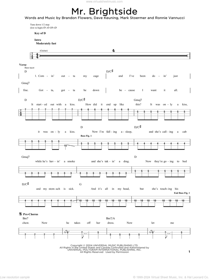 Mr. Brightside sheet music for bass solo by The Killers, Brandon Flowers, Dave Keuning, Mark Stoermer and Ronnie Vannucci, intermediate skill level