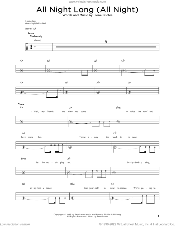 All Night Long (All Night) sheet music for bass solo by Lionel Richie, intermediate skill level