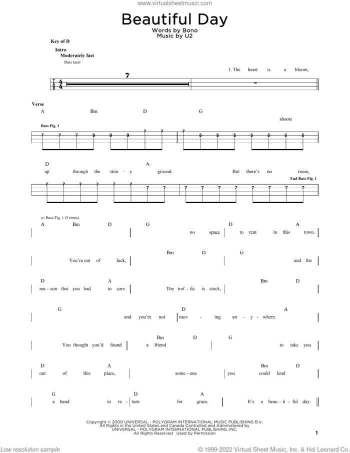 Beautiful Day sheet music for bass solo by U2 and Bono, intermediate skill level