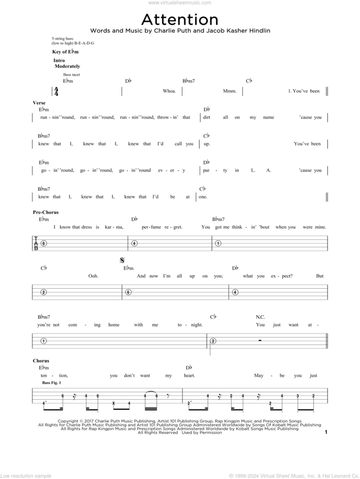 Attention sheet music for bass solo by Charlie Puth and Jacob Kasher Hindlin, intermediate skill level