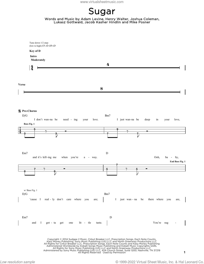 Sugar sheet music for bass solo by Maroon 5, Adam Levine, Henry Walter, Jacob Kasher Hindlin, Joshua Coleman, Lukasz Gottwald and Mike Posner, intermediate skill level