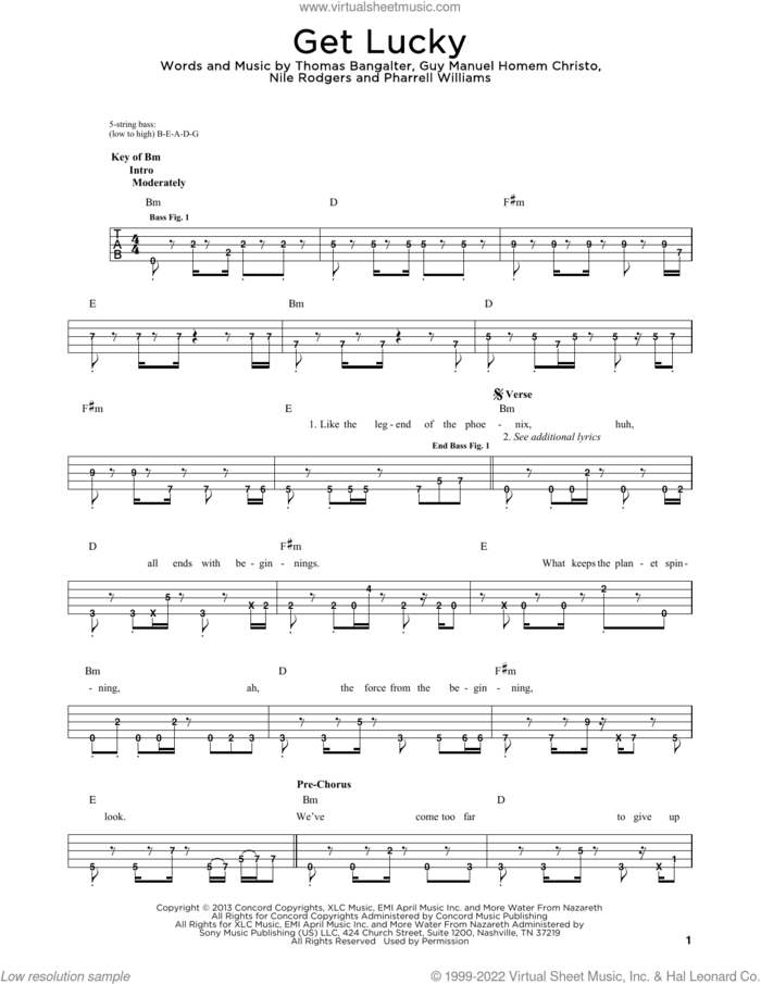 Get Lucky (feat. Pharrell Williams and Nile Rodgers) sheet music for bass solo by Daft Punk, Guy Manuel Homem Christo, Nile Rodgers, Pharrell Williams and Thomas Bangalter, intermediate skill level