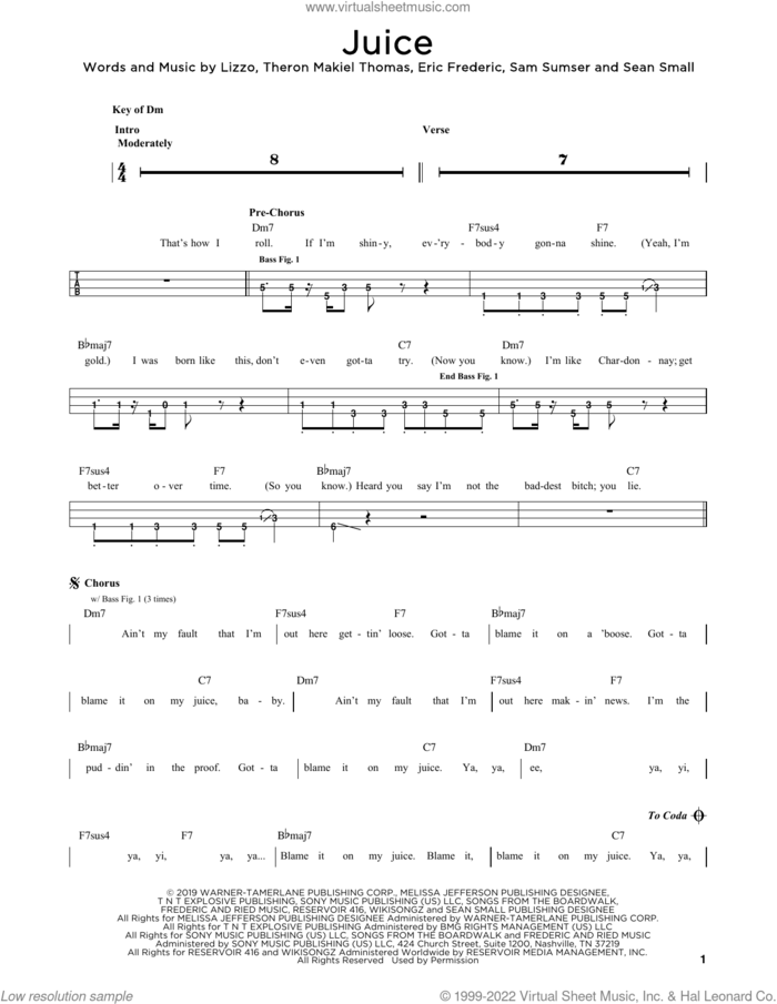 Juice sheet music for bass solo by Lizzo, Eric Frederic, Sam Sumser, Sean Small and Theron Thomas, intermediate skill level