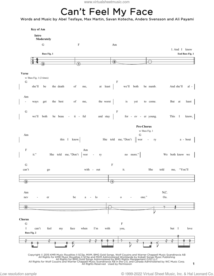 Can't Feel My Face sheet music for bass solo by The Weeknd, Abel Tesfaye, Ali Payami, Anders Svensson, Max Martin and Savan Kotecha, intermediate skill level