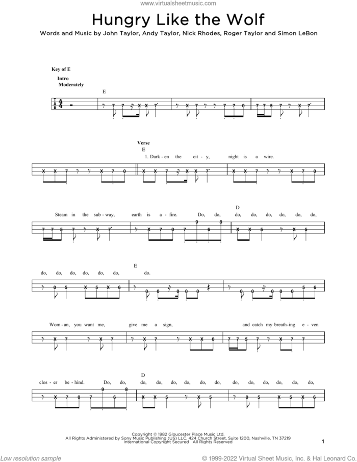 Hungry Like The Wolf sheet music for bass solo by Duran Duran, Andrew Taylor, John Taylor, Nick Rhodes, Roger Taylor and Simon LeBon, intermediate skill level