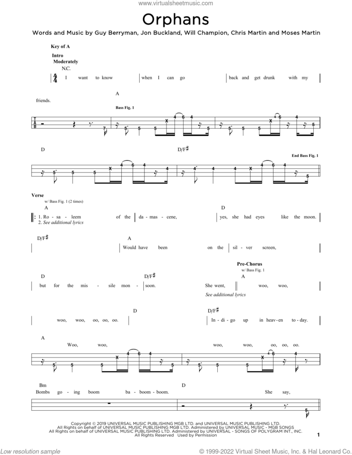Orphans sheet music for bass solo by Coldplay, Chris Martin, Guy Berryman, Jon Buckland, Moses Martin and Will Champion, intermediate skill level