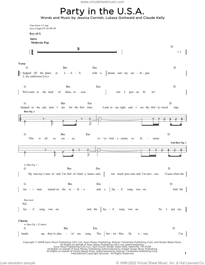 Party In The U.S.A. sheet music for bass solo by Miley Cyrus, Claude Kelly, Jessica Cornish and Lukasz Gottwald, intermediate skill level
