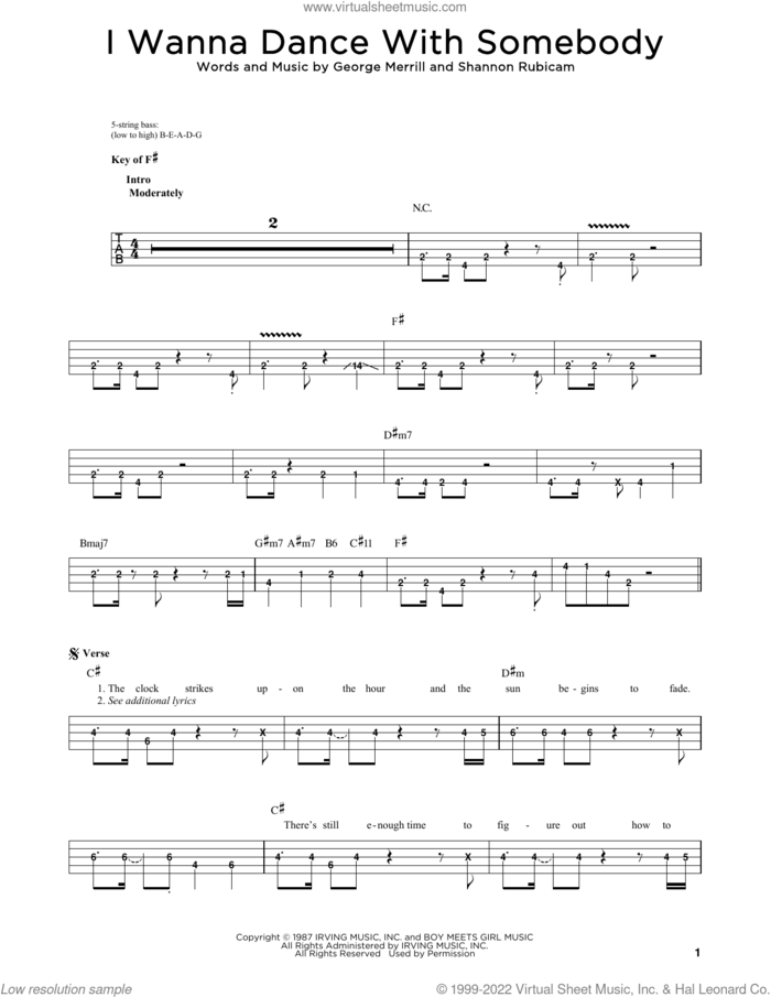 I Wanna Dance With Somebody sheet music for bass solo by Whitney Houston, George Merrill and Shannon Rubicam, intermediate skill level