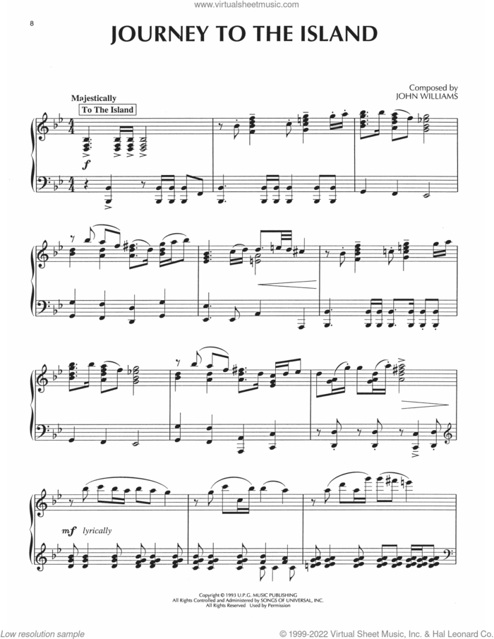 Journey To The Island (from Jurassic Park) sheet music for piano solo by John Williams, intermediate skill level