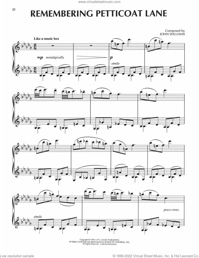 Remembering Petticoat Lane (from Jurassic Park) sheet music for piano solo by John Williams, intermediate skill level