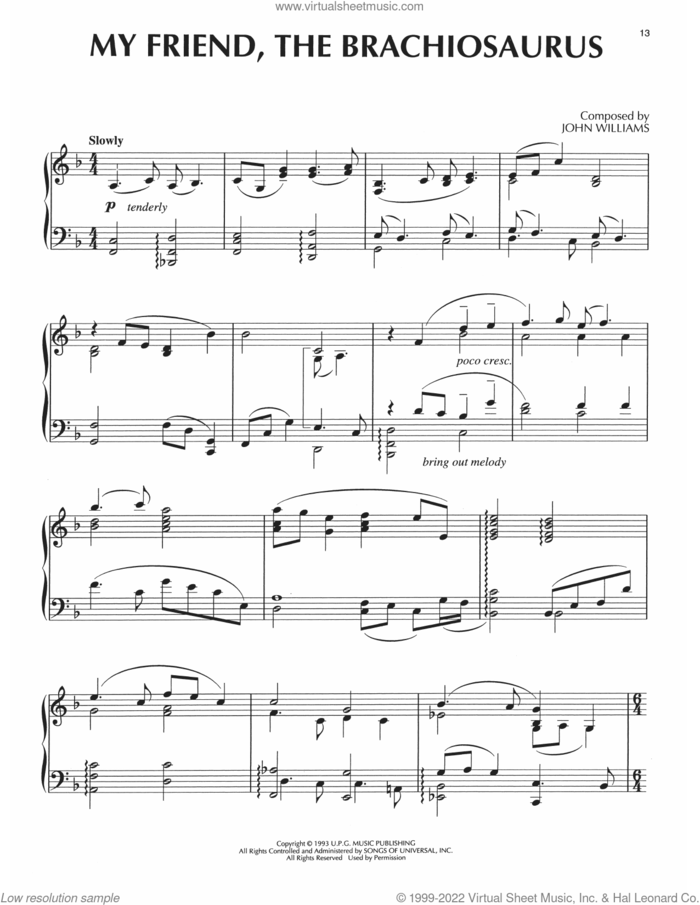 My Friend, The Brachiosaurus (from Jurassic Park) sheet music for piano solo by John Williams, intermediate skill level