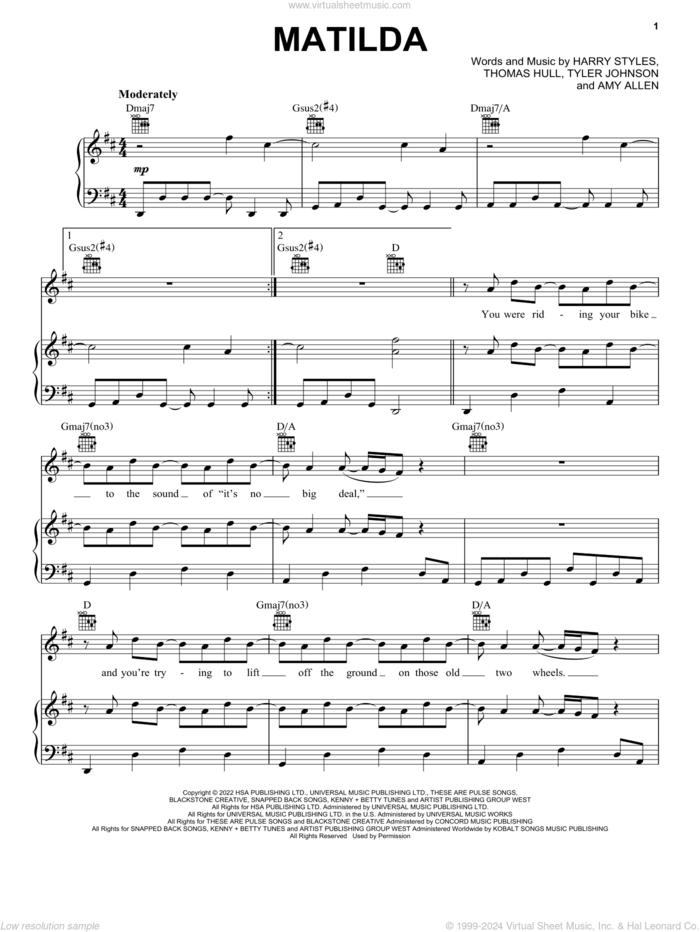 Matilda sheet music for voice, piano or guitar by Harry Styles, Amy Allen, Tom Hull and Tyler Johnson, intermediate skill level