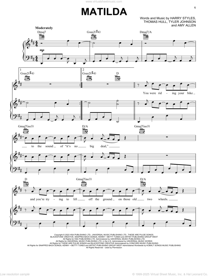 Matilda sheet music for voice, piano or guitar by Harry Styles, Amy Allen, Tom Hull and Tyler Johnson, intermediate skill level