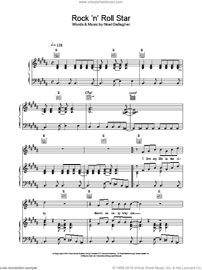 Rock 'N' Roll Star sheet music for voice, piano or guitar by Oasis, intermediate skill level