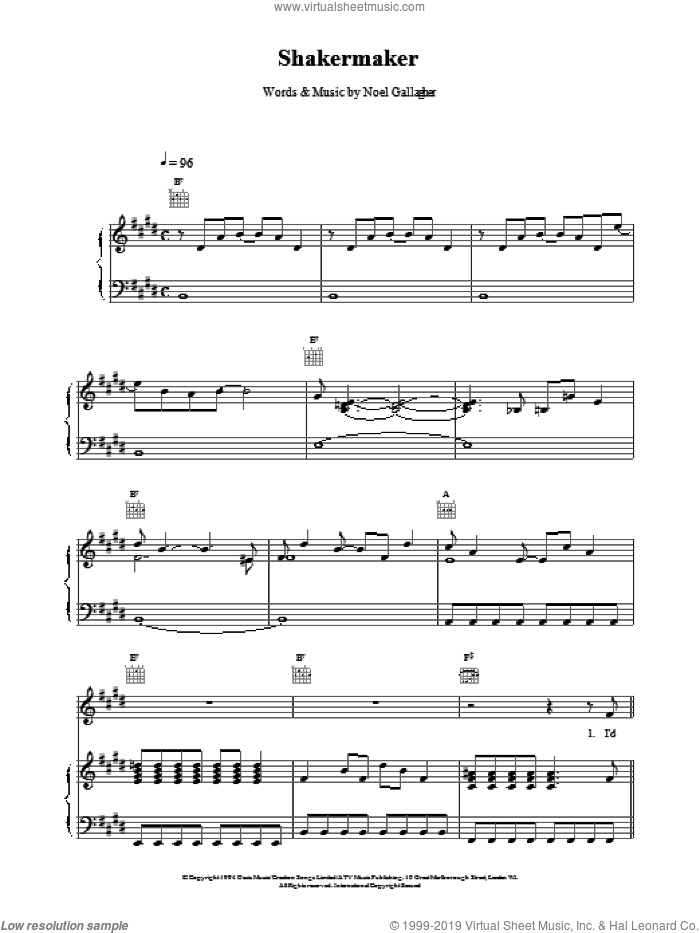 Shakermaker sheet music for voice, piano or guitar by Oasis, intermediate skill level