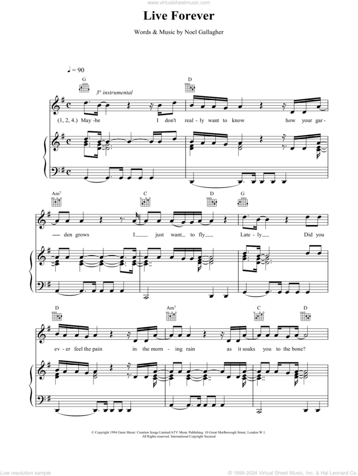 Live Forever sheet music for voice, piano or guitar by Oasis, intermediate skill level