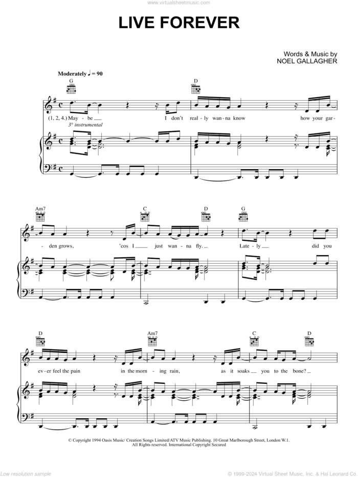 Live Forever sheet music for voice, piano or guitar by Oasis, intermediate skill level