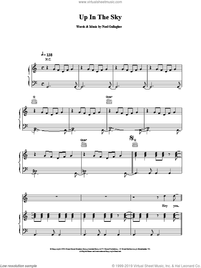 Up In The Sky sheet music for voice, piano or guitar by Oasis, intermediate skill level