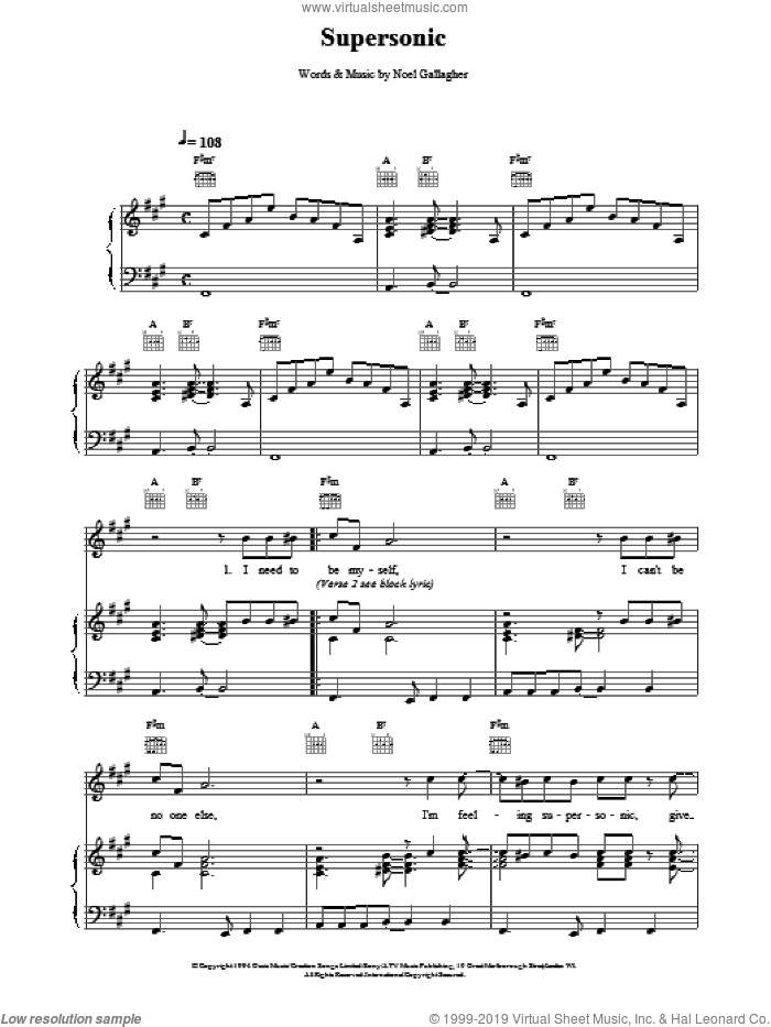 Oasis Supersonic Sheet Music For Voice Piano Or Guitar Pdf