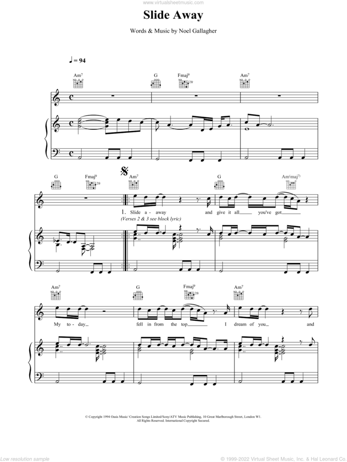 Slide Away sheet music for voice, piano or guitar by Oasis, intermediate skill level