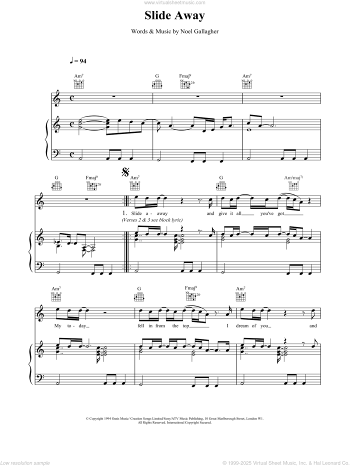 Slide Away sheet music for voice, piano or guitar by Oasis, intermediate skill level