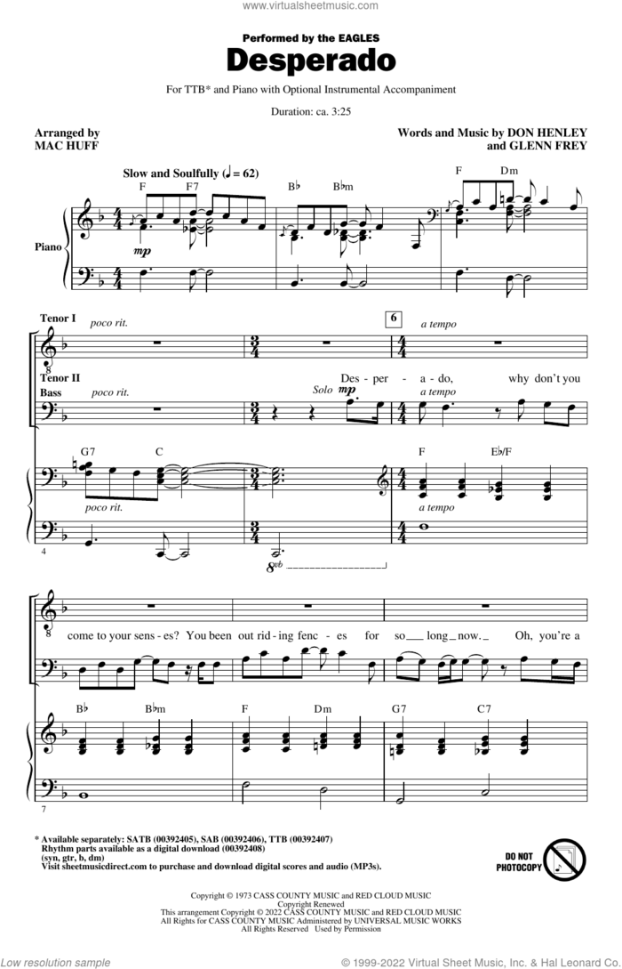 Desperado (arr. Mac Huff) sheet music for choir (TTBB: tenor, bass) by Don Henley, Mac Huff, The Eagles and Glenn Frey, intermediate skill level